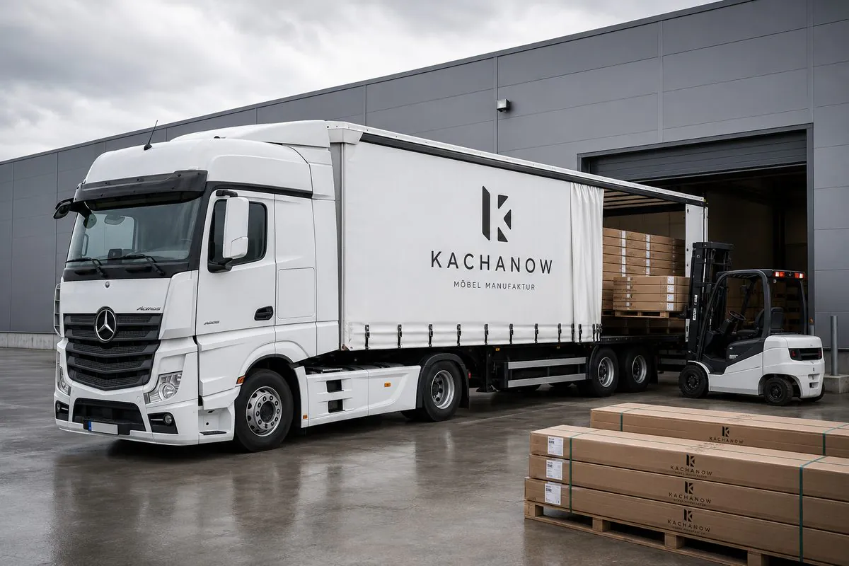 LKW mit KACHANOW-Aufschrift an der Laderampe des Werks, daneben ein Gabelstapler und verpackte Möbelteile auf Paletten